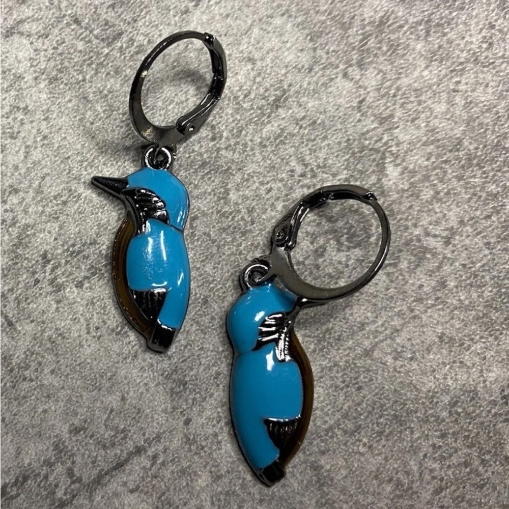 Vintage BLUE BIRD Earrings Womens 1" Blue Enamel Silver Plated Hummingbirds NEW